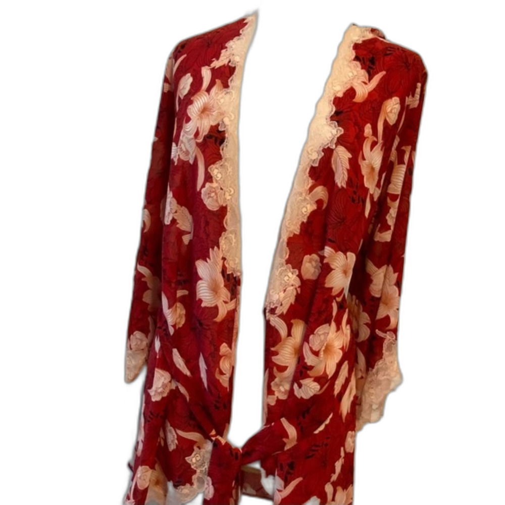 Sensara Kimono Lingerie Silky Deep 2" Lace Trim Boho Romantic Girly Red Floral M
